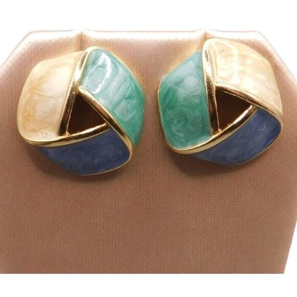 Pierced Earrings Retro Teal Green Blue Beige Enamel Geometric Gold Tone SKU 2224 - Picture 8 of 8